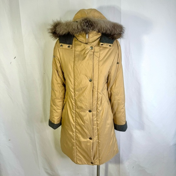 FEMINELLA BROWN PARKA COAT LONG WINTER TAN COAT FUR TRIM ON HOODIE SIZE SMALL - Picture 3 of 13